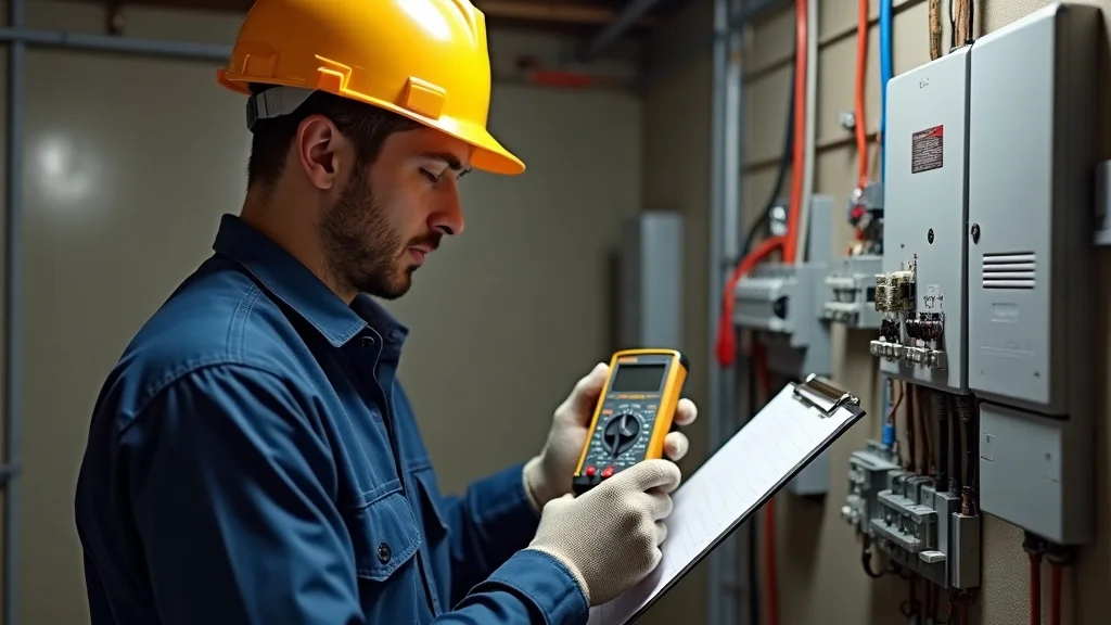 licensed Oakville electrician inspecting electrical system, digital multimeter, organized utility room, photorealistic