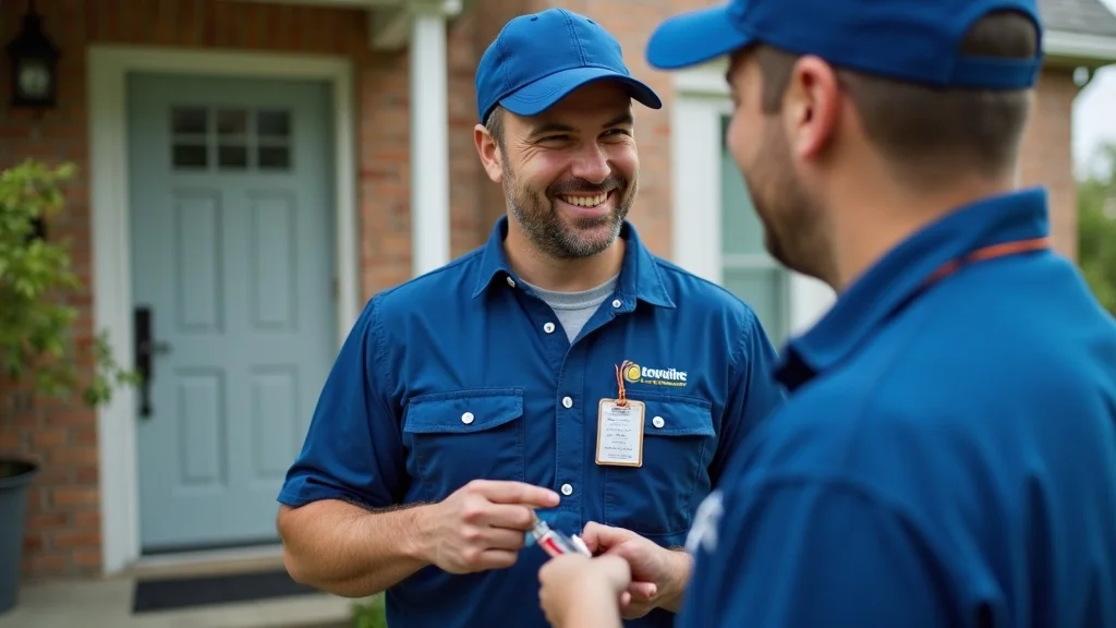 Licensed electrical contractor showing ID badge to homeowner, service van in background, Mississauga home entryway.
