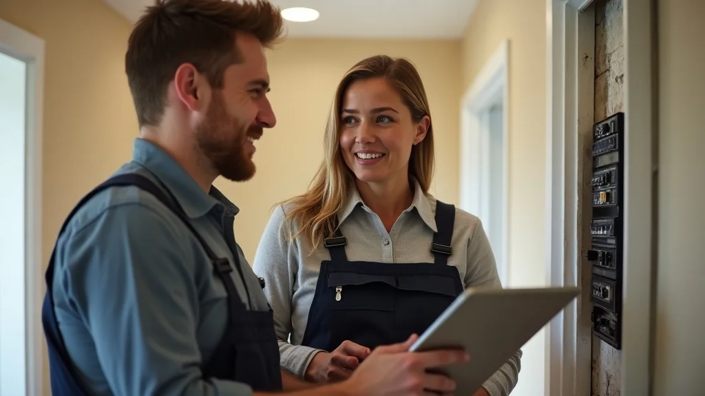 Burlington electrician advising homeowner next to home electrical panel, documentation in hand