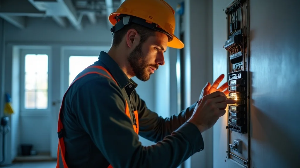 Electrician in Burlington Ontario residential home working on electrical panel, safety gear, LED lighting
