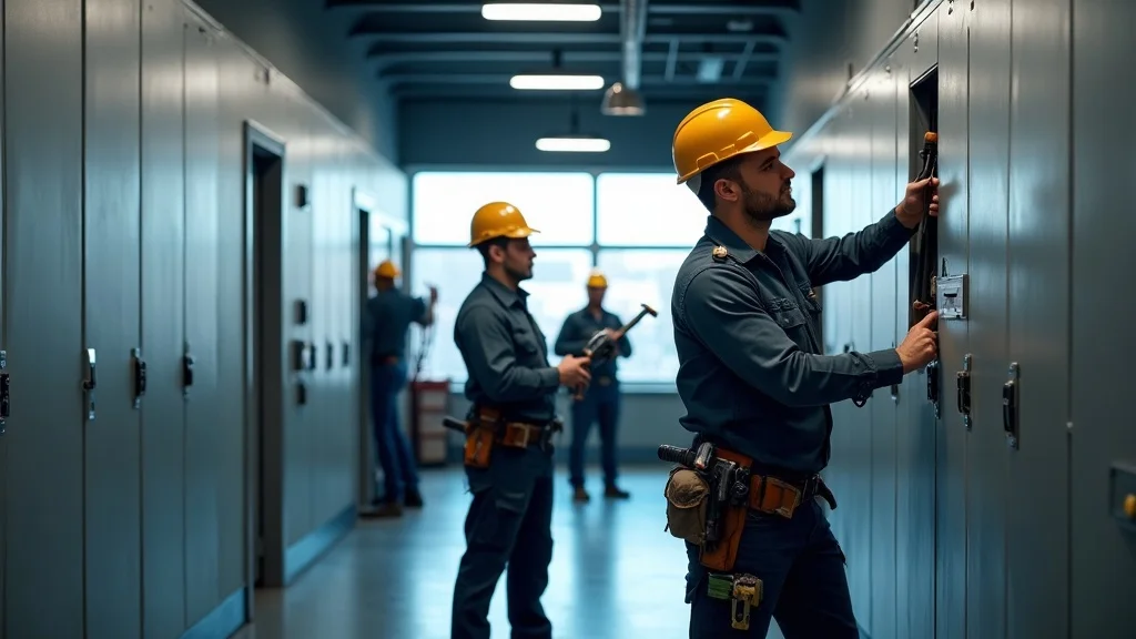 team of licensed electricians Oakville working in commercial building, panel installation, photorealistic, modern workspace