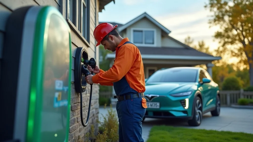 esa certified electrician Oakville installing EV charger, modern home driveway, electric vehicle, outdoor, photorealistic, safe wiring