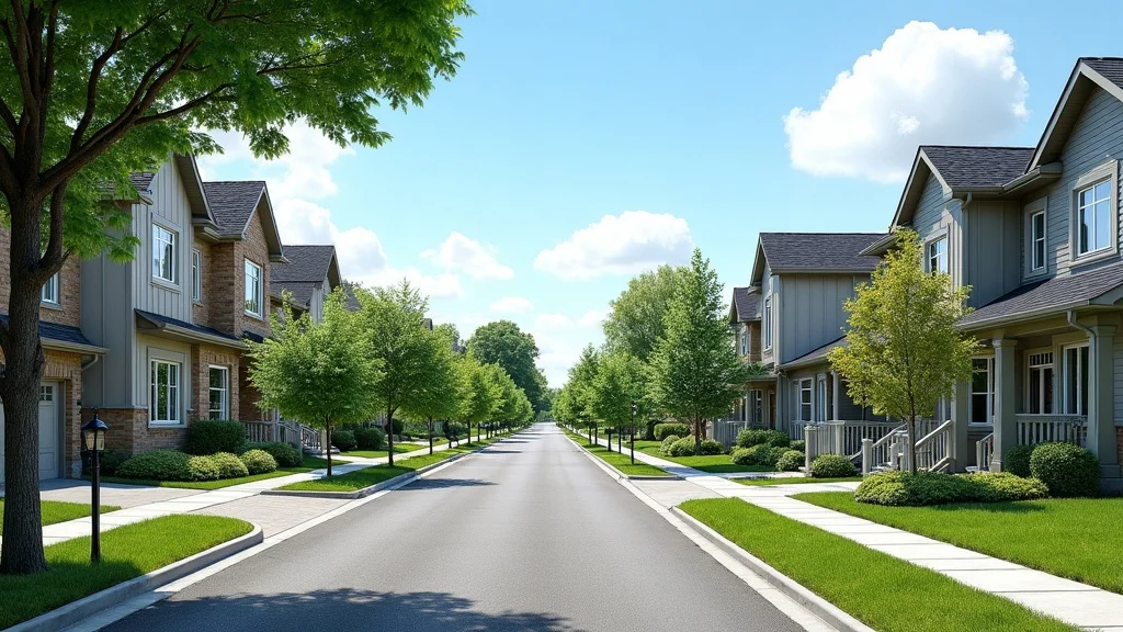 Modern Burlington Ontario neighborhood, luxury homes, green lawns, clear sky