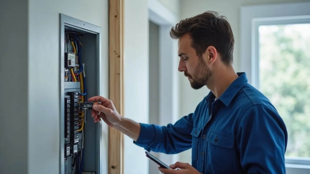 Licensed electrician inspecting electrical panel upgrade Mississauga, checklist and smartphone in bright utility room.