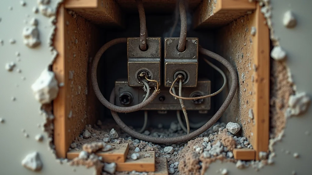 Old frayed electrical wires smoldering behind residential wall - electrical wiring fire hazard