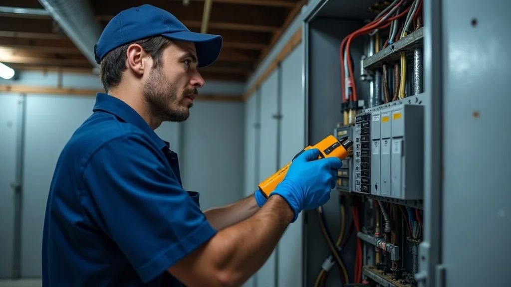 Licensed electrician inspecting residential breaker panel for electrical wiring fire hazards