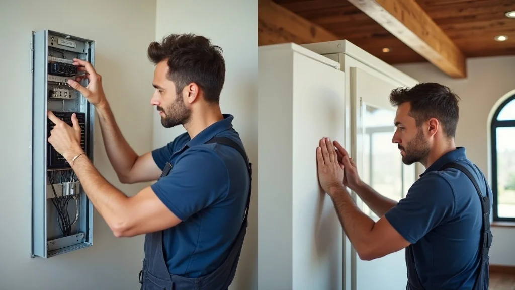 master electrician vs apprentice oakville - Split image of master electrician servicing residential main panel and apprentice in commercial setting