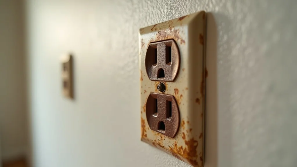 Discolored home electrical outlet showing signs of electrical wiring fire hazard