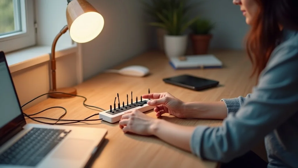 Homeowner inspecting overloaded surge protector - extension cord electrical fire hazard