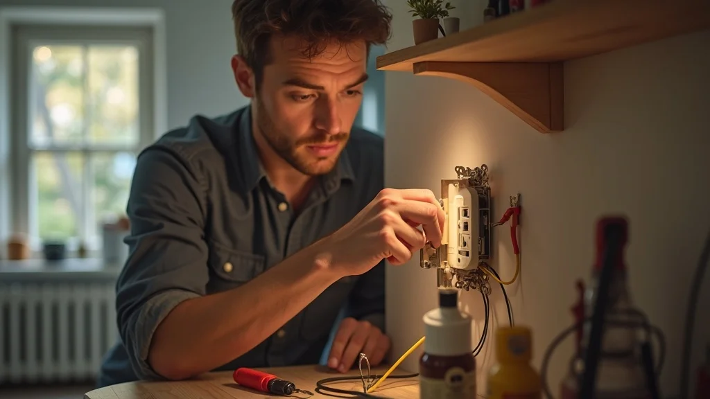 Experienced licensed electrician in Etobicoke repairing electrical outlet, organized workspace, quality work