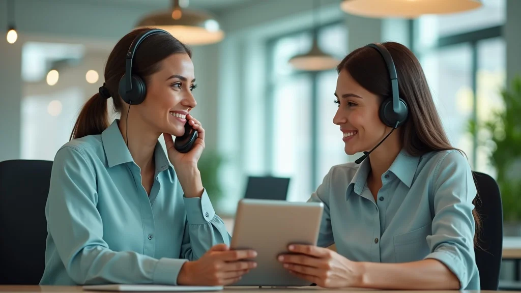Licensed electrician Etobicoke and customer service rep scheduling service call with phone number, modern office