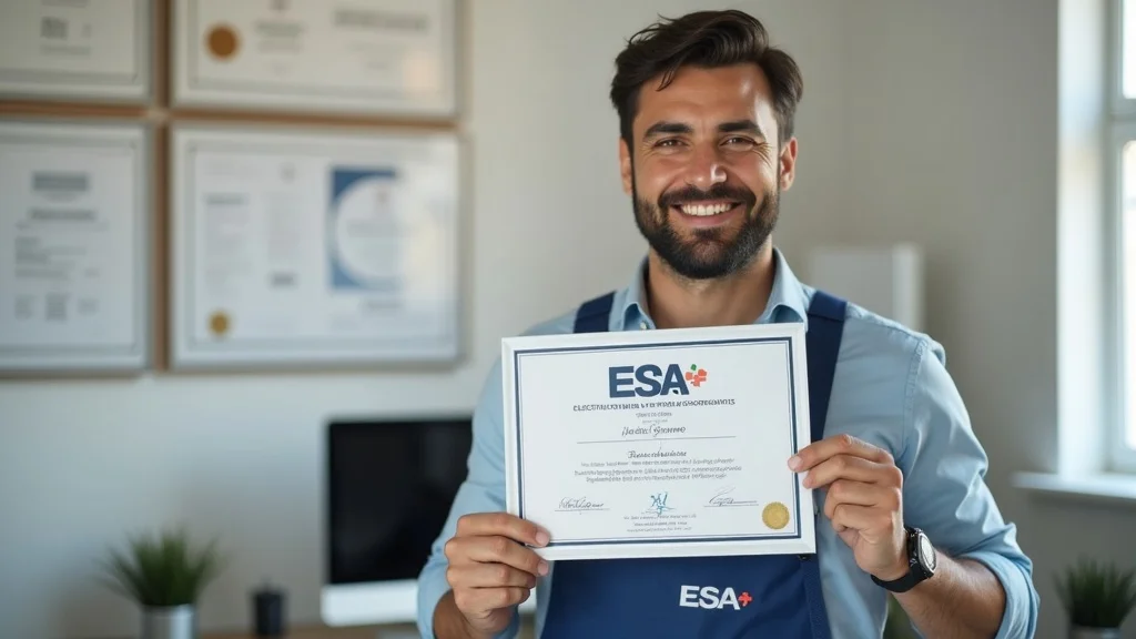 ESA certified electrician Etobicoke pointing to framed certification, office setting, professional