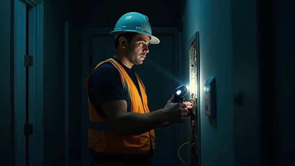 Emergency electrician Etobicoke assessing electrical panel during nighttime outage, wearing safety vest, ESA certified