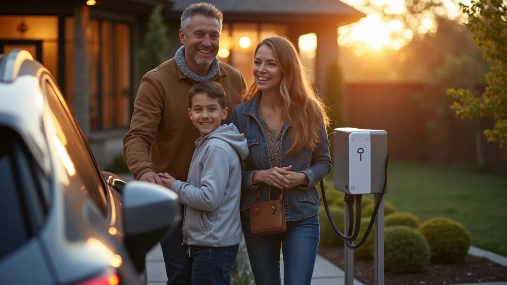 Happy family plugging in electric vehicle at home EV charger installation Etobicoke