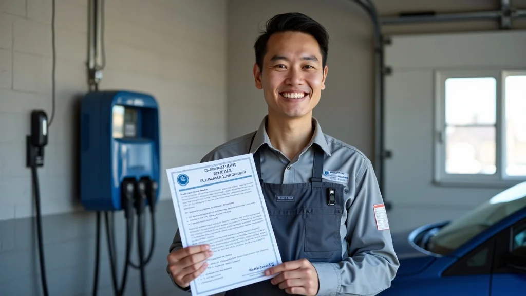 ESA approved licensed electrician holding permit beside EV charger installation in Etobicoke