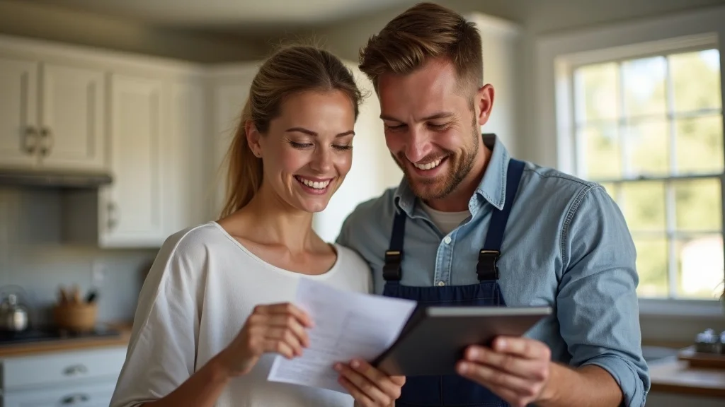 Electrician and homeowner reviewing outlet installation invoice in Burlington Ontario