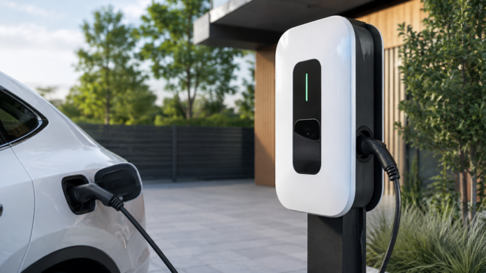 home ev charger in driveway connected to electric vehicle