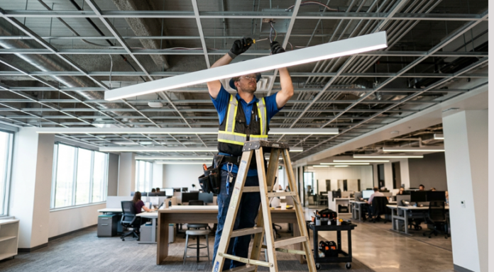 commercial led light installation in mississauga ontario electrician standing on ladder as he installs LED commercial lighting